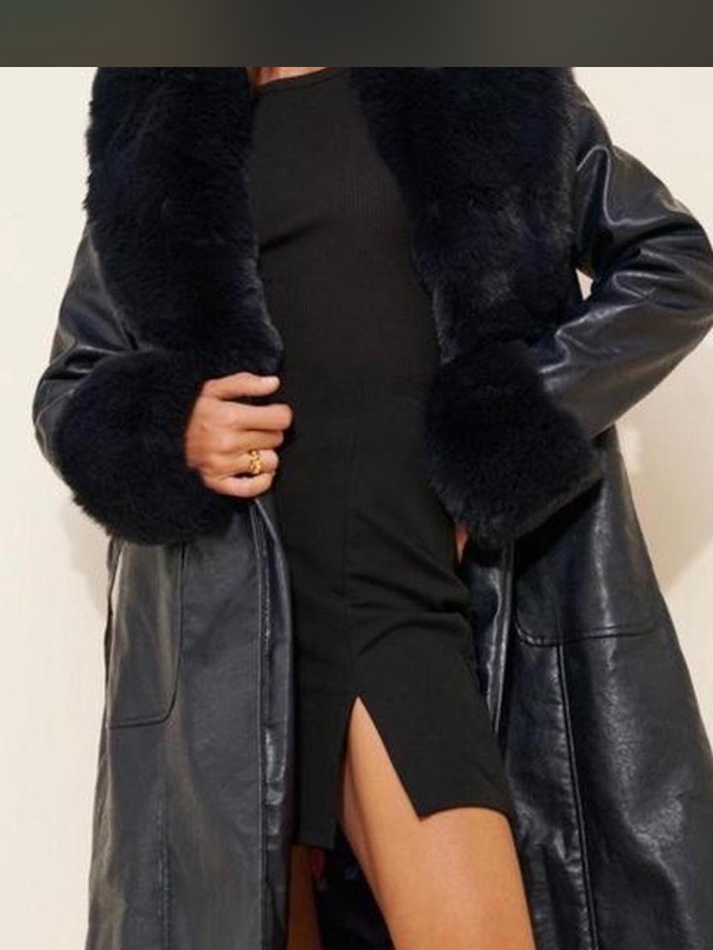 Lioness Black Faux Leather Coat with Fur Trim